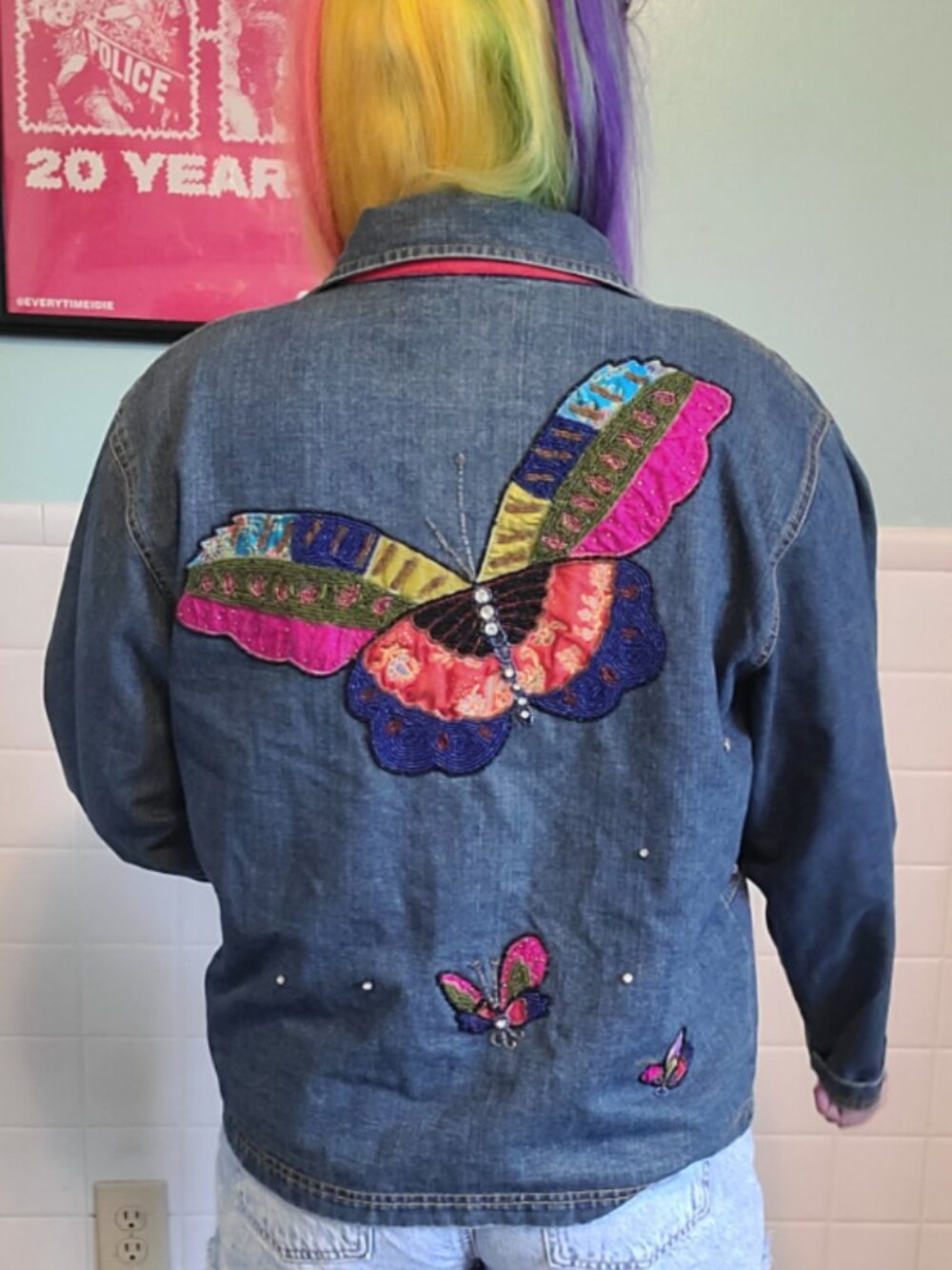Vintage 90s Y2K Chico's Colorful Butterfly Embroidered Denim Blue Jean Jacket